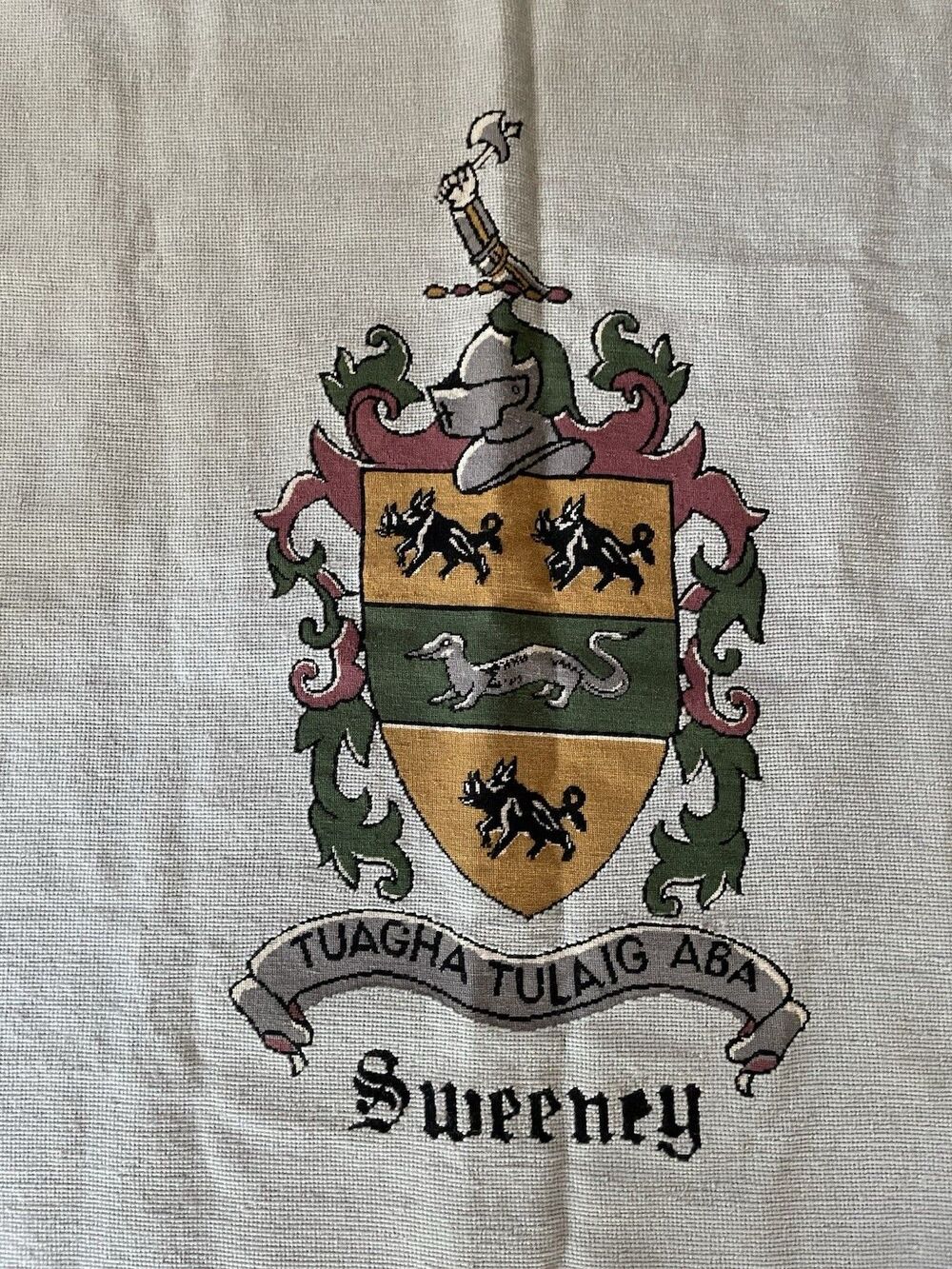 Large Vintage Sweeney Clan Needlepoint Coat of Arms with Family Crest 35”x35”